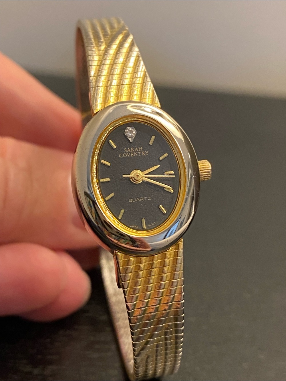 Sarah Coventry Black Dial Diamond Accent Gold Tone Quartz Watch Vintage